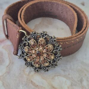 Streets Ahead Brown Leather Belt with Ornate Rhinestone Gold Buckle